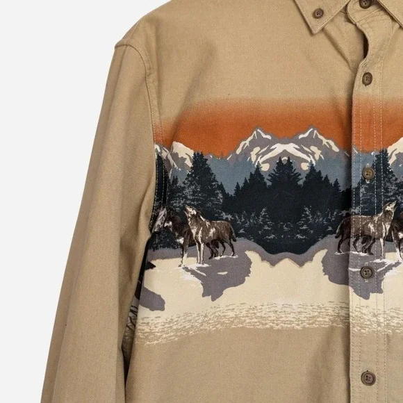 Croft & Barrow Wolf Mountain Scene Novelty Print Button Up Shirt Tan Medium - Picture 4 of 8